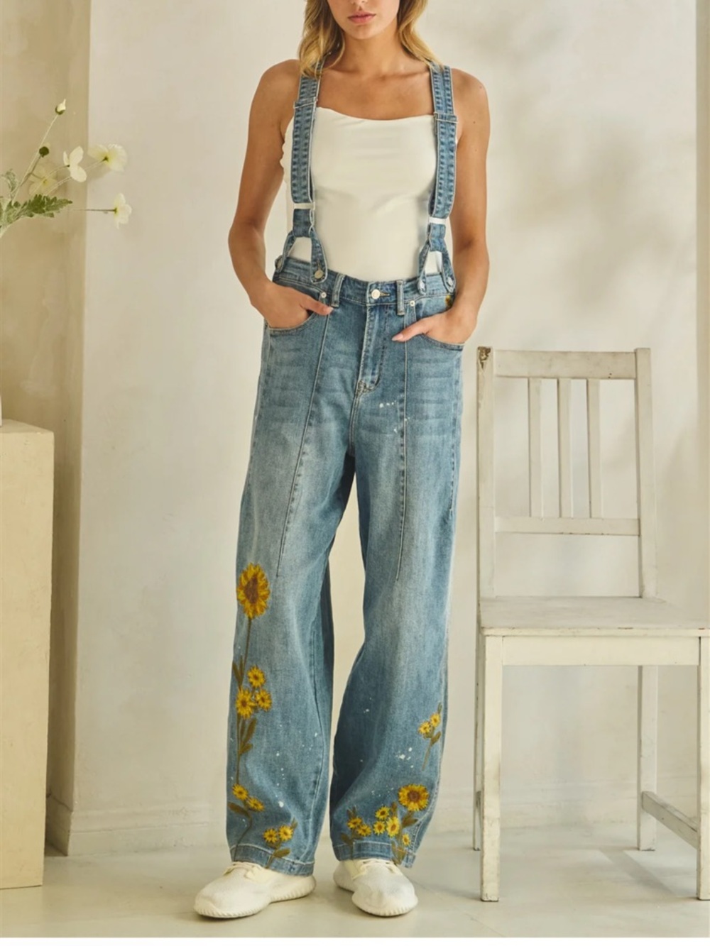 LAST ONE! 💕 Oli & Hali Blue Denim Overalls with Sunflower Embroidery